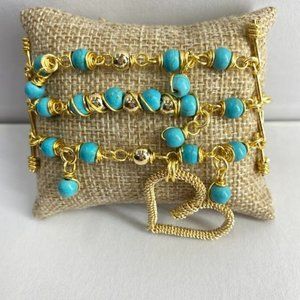 Handmade Woven Bracelet with Heart Charm and 4 - 6mm Turquoise Stone, 7 in. Blue